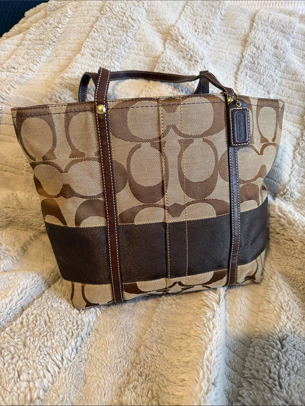 Coach Signature C Jacquard Brown Leather Tote Shoulder Bag Y2K